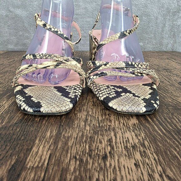 J Crew Odette Strappy Sandals 10.5 Black Cream Snake Embossed Leather Block Heel - Picture 3 of 14